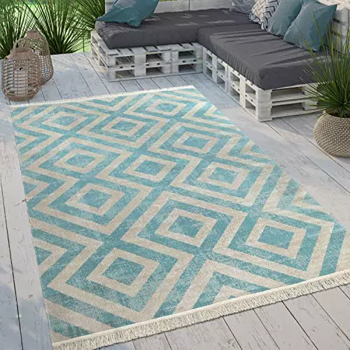 Paco Home Moderner Outdoor Teppich Geometrisches Rauten-Muster Wetterfest Balkon Garten