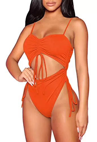 Pink Queen Damen Einteiliger Badeanzug Hoch Geschnitten Gerafft Monokini Kordelzug