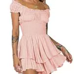 Pink Queen Damen Off Shoulder Boho Minikleid Strampler Trägerlos Kurze Ärmel
