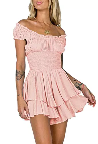 Pink Queen Damen Off Shoulder Boho Minikleid Strampler Trägerlos Kurze Ärmel