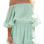 Pink Queen Damen Trägerloser Boho Jumpsuit Rüschen Off Shoulder Sommer Overall