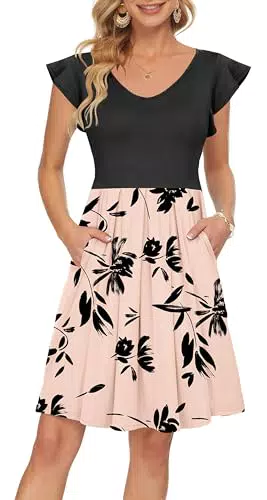 PLOKNRD Sommerkleid Damen V-Ausschnitt Midi Kleid mit Taschen Kurzarm Blumen