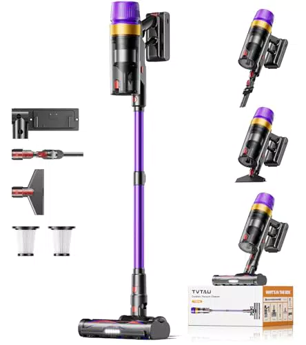 TVTAU Akku Staubsauger Kabellos für Tierhaare mit Display, 75 Min Laufzeit, Anti-Tangle