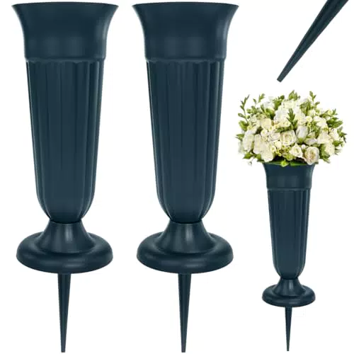 VGECEE Grabvase mit Erdspieß Friedhofsvase mit Sockel Kunststoff Blumenvase Grabschmuck