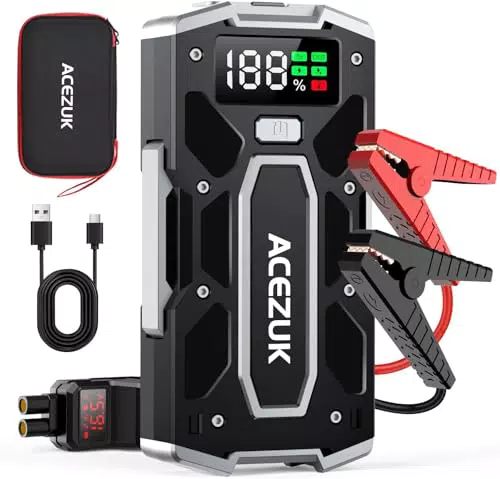 Starthilfe Powerbank 4-in-1 mit Kompressor, LCD-Display & LED Taschenlampe