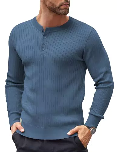 COOFANDY Herren Henley Pullover Strickpullover Langarm Slim Fit Mit Knopfleiste
