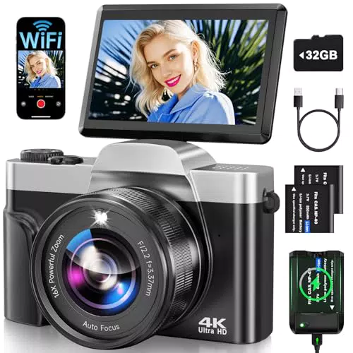 Digitalkamera 4K 64MP mit WLAN, Autofokus, Klappdisplay, Fotokamera für Anfänger