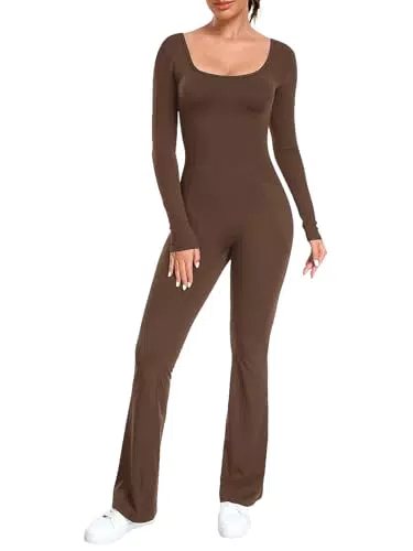 Ecupper Jumpsuit Damen Yoga Bodycon Einteiler Zip Up Overall Langarm Romper