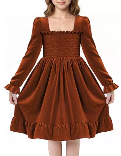 JiAmy Festliches Samt Langarmkleid für Mädchen mit Quadratischem Ausschnitt und Rüschen