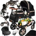 KESSER Loops 3 in 1 Kinderwagen Kombikinderwagen komplettset incl. Babywanne & Buggy Sportsitz & Auto-Babyschale - Voll-Gummireifen - Wickeltasche/Regenschutz/Kindertisch Set Schwarz/Rosé Gold