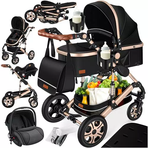 KESSER Loops 3 in 1 Kinderwagen Kombikinderwagen komplettset incl. Babywanne & Buggy Sportsitz & Auto-Babyschale - Voll-Gummireifen - Wickeltasche/Regenschutz/Kindertisch Set Schwarz/Rosé Gold