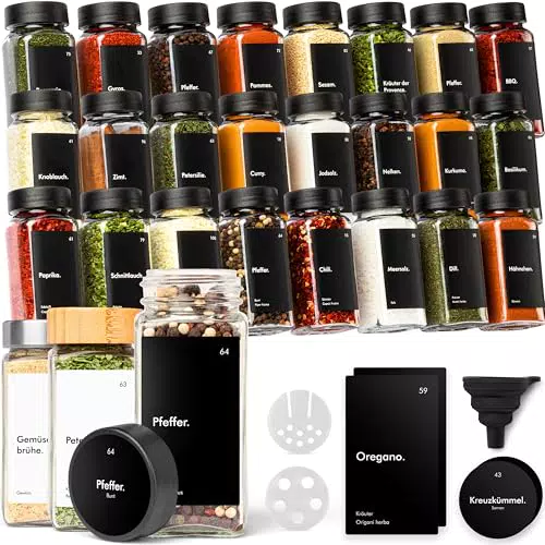 KIVY Salz und Pfeffermühle 2er Set + 8 Wasserfeste Label - Verstellbares Keramikmahlwerk - Gewürzmühle - Pfeffer und Salzmühle für grobes Salz - Chili Mühle Klein - Pfeffer salz Mühlenset
