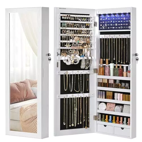 SONGMICS Schmuckschrank mit Spiegel, abschließbar, für Halsketten und Ohrringe