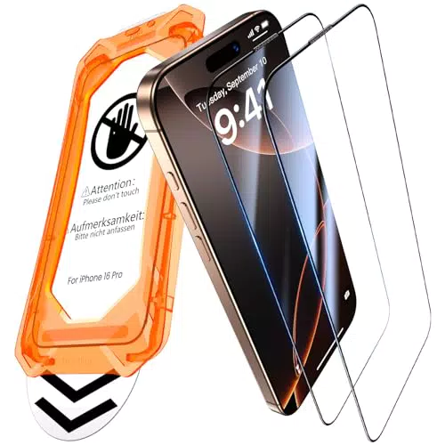 UniqueMe Panzerglas Displayschutz für iPhone 16 Pro mit Auto-Installation