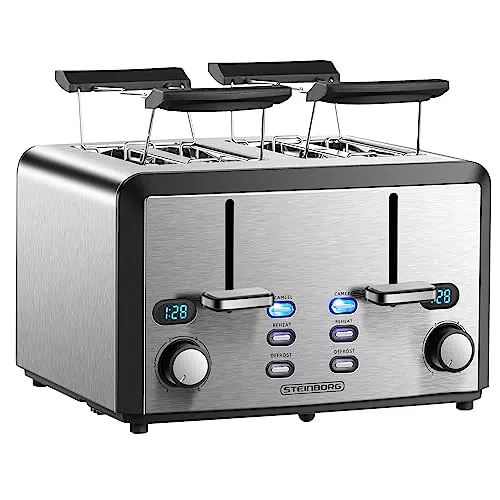 XXL Toaster Mit 4 Toastschlitzen Edelstahl Mit LED Display Und Auftau-Funktion
