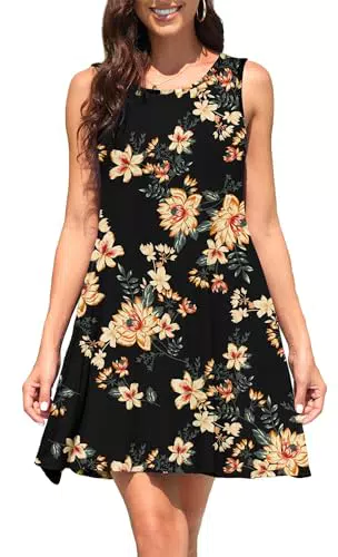 Actcat Damen Sommerkleid V-Ausschnitt Ärmellos Knielang Mit Taschen Strandkleid