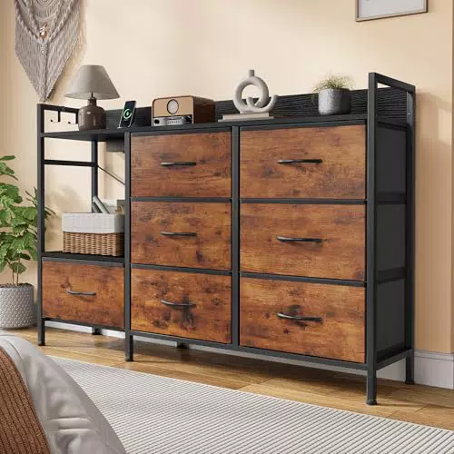 DWVO Kommode Schlafzimmer mit Stoffschubladen, Steckdosen, USB, TV-Schrank