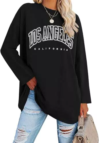 Ebifin Oversize Langarmshirt Damen Los Angeles Longshirt Rundhals Tunika Pullover