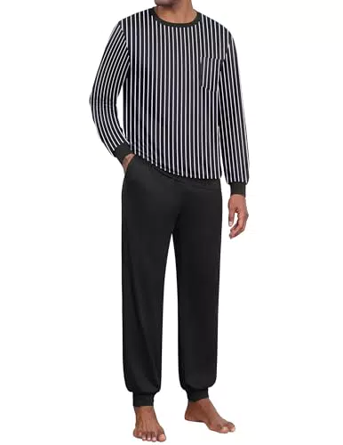 Ekouaer Herren Schlafanzug Langarm Pyjama Set Winter Streifen Oberteil Mit Taschen
