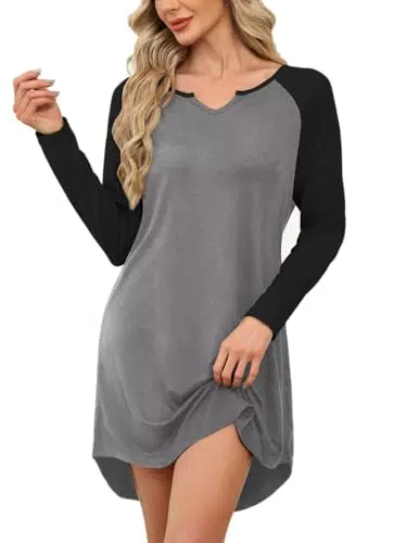 Ekouaer Nachthemd Damen Langarm Winter Schlafshirt mit V-Ausschnitt Knielang
