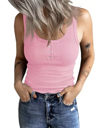 Fessceruna Damen Tops Sexy U-Ausschnitt Tank top Ärmellos Sommer Oberteile Gerippt Camisole mit Knöpfen