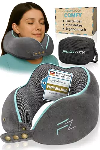 FLOWZOOM Nackenkissen aus Memory Foam für Reisen - Nackenhörnchen für Erwachsene, waschbar - Grau
