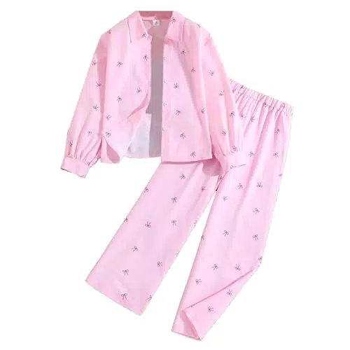 JiAmy Mädchen Textur Outfit Knopfhemd und Weite Hose Herbst Casual Set