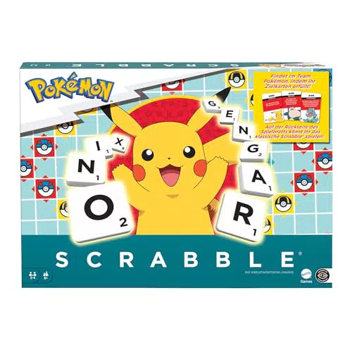 Mattel Scrabble Pokémon Brettspiel Deutsch, Familien-Wortspiel mit Herausforderungskarten