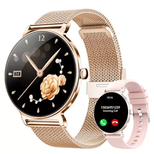 Smartwatch Damen mit Telefonfunktion, AMOLED Touchscreen, Fitness Tracker, Herzfrequenz, Schlafmonitor, IP68, 120 Sportmodi, Kompatibel mit iOS Android